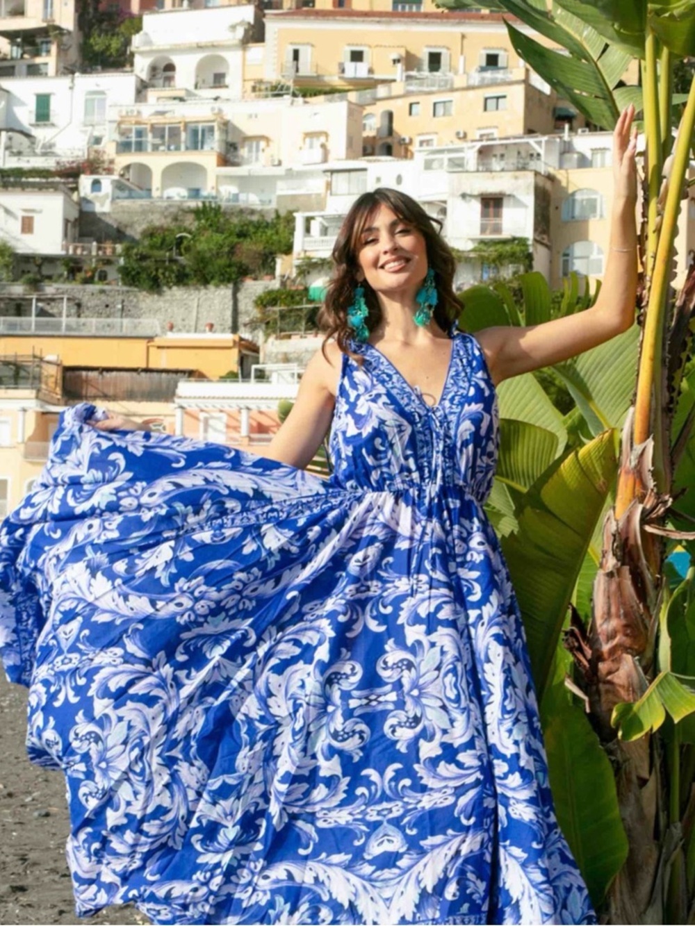 Antica Sartoria 2026 Blue and White Floral V-Neck Maxi Dress NWT O/S